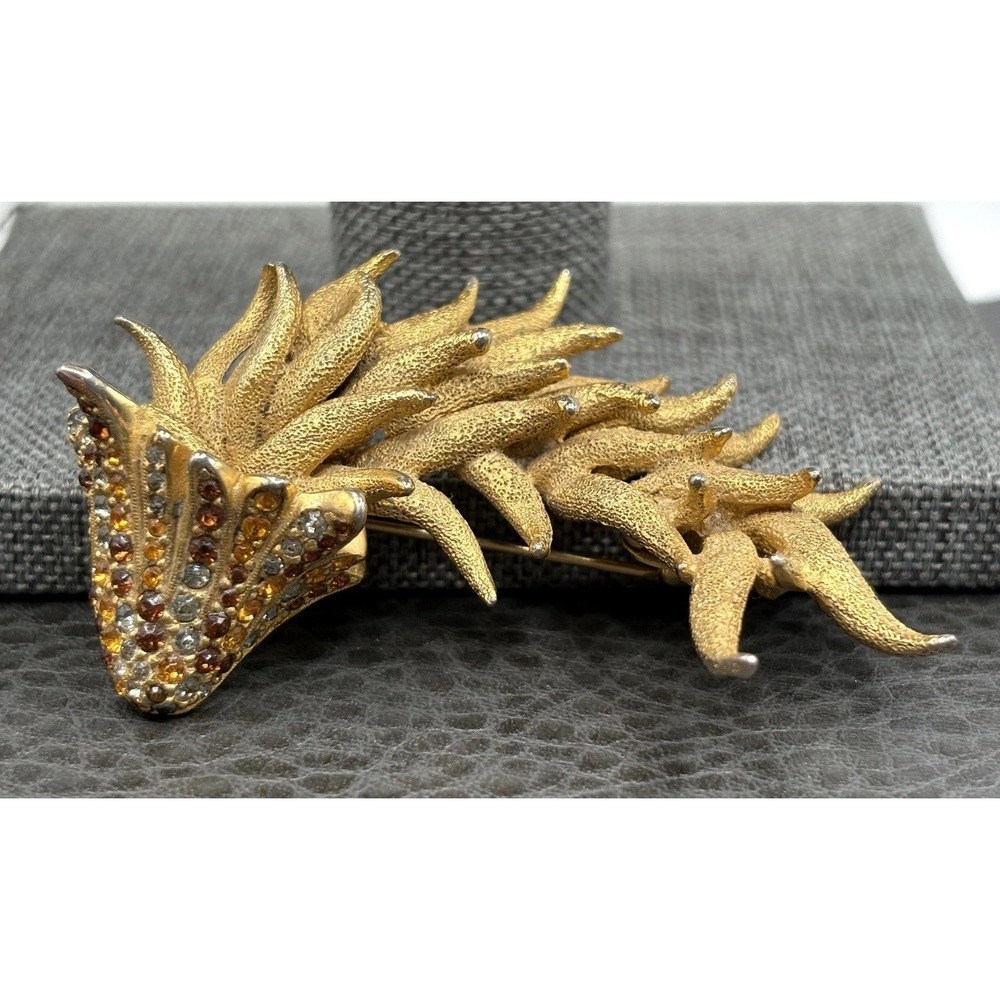 Vintage Les Bernard Dragon Brooch Rhinestone Pin READ Gold Tone